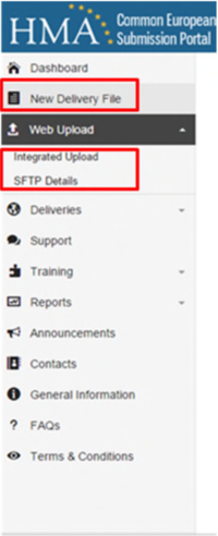 Screenshot of CESP sidebar highlighting 'New delivery file', and web upload options